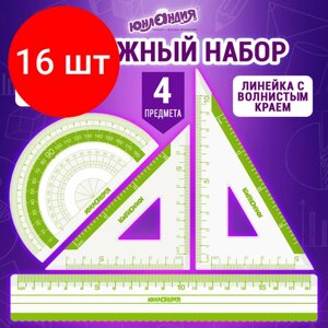 Комплект 16 шт, Набор чертежный юнландия "геометрия" (линейка 18 см, 2 треугольника, транспортир), зеленая шкала, 210740 в Москве от компании М.Видео