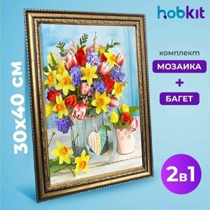Алмазная мозаика полная выкладка HOBKIT "Букет цветов 30х40+Багет золотой " 40х30 размер холста, в Москве от компании М.Видео