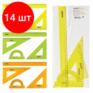 Комплект 14 шт, Набор чертежный большой пифагор (линейка 30 см, 2 треугольника, транспортир), прозрачный, неоновый, пакет, 210629 в Москве от компании М.Видео