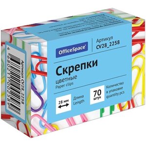Скрепки 28мм, OfficeSpace, 70шт, цветные, карт. упаковка, 10 штук в Москве от компании М.Видео