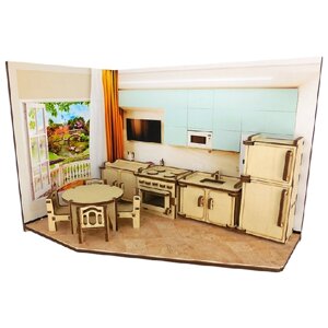 Сборная модель/деревянный конструктор/кукольная мебель/ - румбокс "кухня"" (плита, холодильник, стол и 4 стула, тумба, тумба с раковиной) в Москве от компании М.Видео