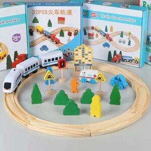 Деревянная железная дорога 26 деталей с поездом на батарейках, развивающая игрушка для детей от 3-х лет, деревянный конструктор для мальчиков в Москве от компании М.Видео