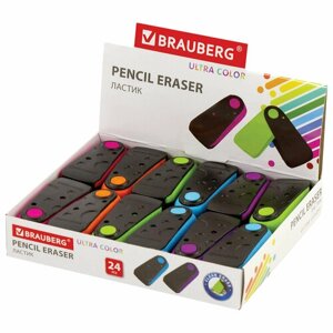 Ластик BRAUBERG "ULTRA COLOR", 57х24х15 мм, ассорти, черный пластиковый футляр, 229562 24 шт в Москве от компании М.Видео