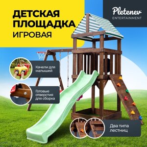 Детская площадка для улицы деревянная Pletenev с горкой, качелями, с баскетбольным кольцом в Москве от компании М.Видео