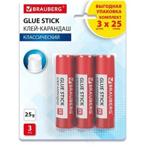 Клей-карандаш 25 г выгодная упаковка BRAUBERG, 3 штуки на блистере, 271306 в Москве от компании М.Видео