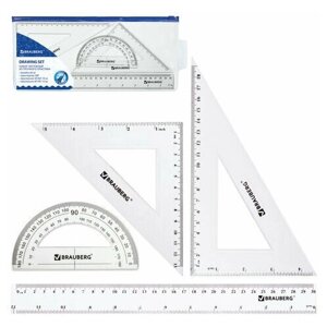 Набор чертежный большой BRAUBERG (линейка 30 см 2 угольника транспортир) конверт на молнии подвес, 3 шт в Москве от компании М.Видео