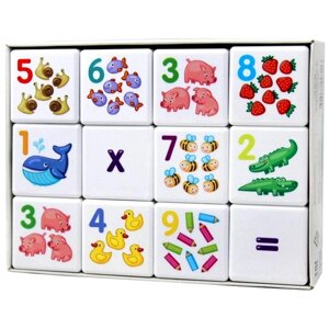 Пластиковые логические кубики "Кубики для умников. Арифметика", учимся считать, 12 пластмассовых элементов с цифрами и знаками