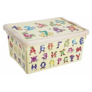 Пластишка Ящик для игрушек с аппликацией «Буквы и цифры» с крышкой, 8 л, цвет бежевый