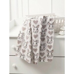Плед флисовый 100х118 см, для новорожденных в кроватку , коляску, "Любимый кролик ", серый с зайками