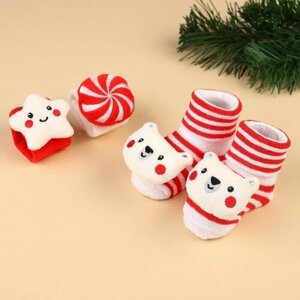 Подарочный набор новогодний: браслетики - погремушки и носочки - погремушки на ножки «Рождественские сладости»