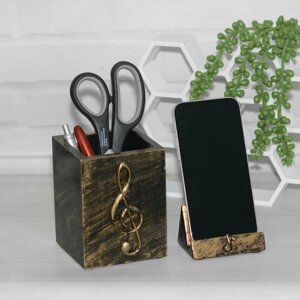 Подарок музыканту: Подставка для ручек Скрипичный ключ и держатель для телефона Цвет черное золото