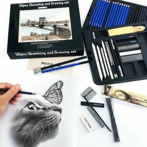 Профессиональный художественный набор графических материалов, карандаши , уголь, графит/ для скетчинга/ 50 принадлежностей