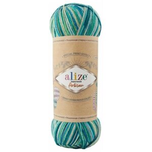 Пряжа Alize Superwash Artisan (Ализе Супервош Артизан) - 2 мотка, зеленый, белый, голубой (9001), 75% шерсть супервош, 25% полиамид, 420м/100г