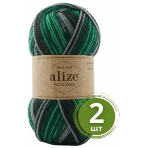 Пряжа Alize Wooltime (Вултайм) - 2 мотка Цвет: 11012 зеленый принт 75% шерсть, 25% полиамид, 100г 200м