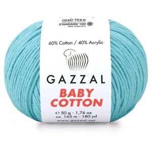 Пряжа Gazzal Baby Cotton (Газзал Беби Коттон) - 1 моток Голубая бирюза (3451) 60% хлопок, 40% акрил 165м/50г
