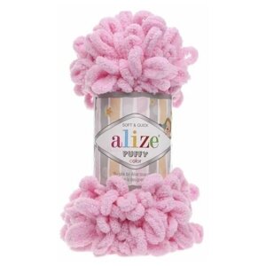 Пряжа плюшевая Alize Puffy (Ализе Пуффи) - 3 мотка 185 розовый для вязания руками, гипоаллергенная, большие петли (4см), 9м/100г