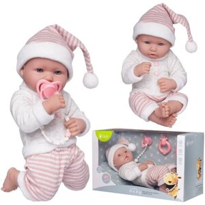 Пупс Junfa Pure Baby в вязаных бело-розовых полосатых штанишках и шапочке-колпаке, серой толстовке, с аксессуарами, 35см WJ-22517