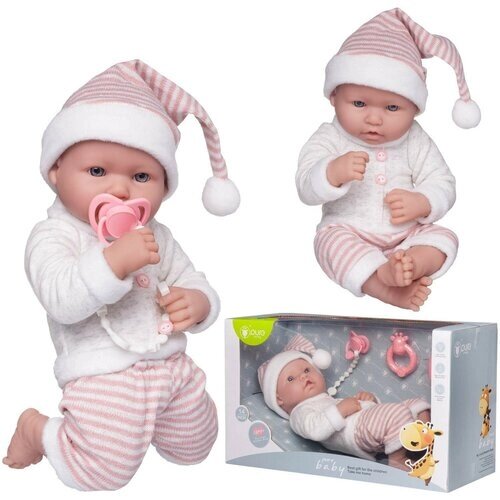 Пупс Junfa Pure Baby в вязаных бело-розовых полосатых штанишках и шапочке-колпаке, серой толстовке, с аксессуарами, 35см WJ-22517 от компании М.Видео - фото 1