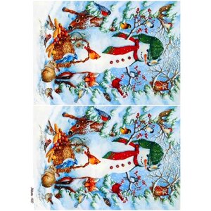 Рисовая бумага для декупажа А4 ультратонкая салфетка 1427 зима снеговик Новый Год Рождество фон винтаж крафт Milotto