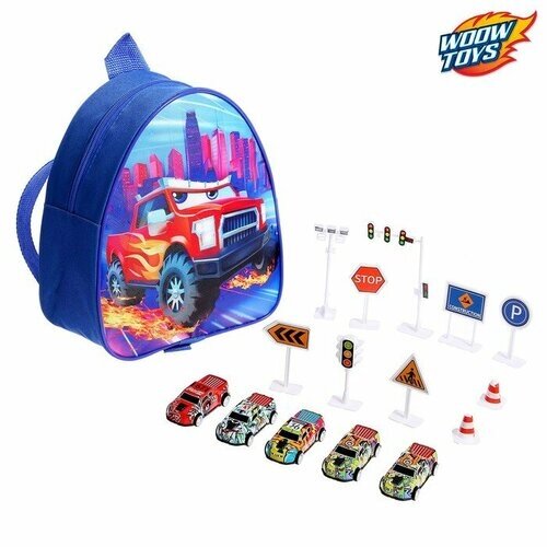 Рюкзак с игрушками Woow Toys "Тачка", набор машинок 5 шт, дорожные знаки от компании М.Видео - фото 1
