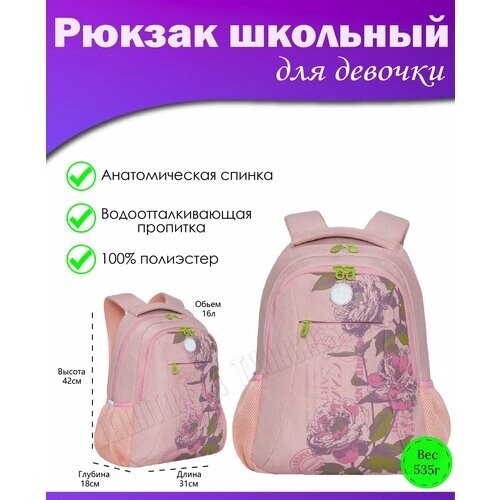 Рюкзак школьный для девочки подростка, с ортопедической спинкой, для средней школы, GRIZZLY (розовый) от компании М.Видео - фото 1