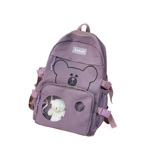 Рюкзак школьный для девочки с медвежонком, сиреневый от компании М.Видео - фото 1