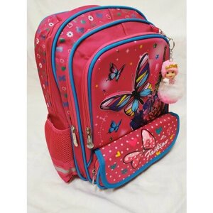 Рюкзак школьный ортопедический с пеналом+брелок 3D Бабочки, для девочек