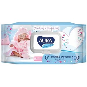 Салфетки влажные комплект 100 шт, для детей AURA "Ultra comfort", гипоаллергенные, без спирта, крышка-клапан, 6486 В наборе: 3компл.