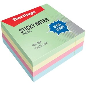 Самоклеящийся блок Berlingo "Ultra Sticky", 75*75мм, 400л, 4 пастельных цвета - 2 шт.