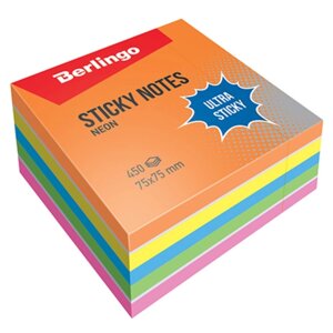 Самоклеящийся блок Berlingo "Ultra Sticky", 75*75мм, 450л, 5 неоновых цветов + 1 белый (арт. 270292)