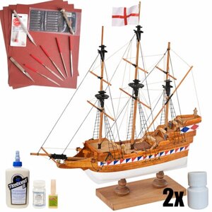 Сборная модель корабля для начинающих от Amati (Италия), Elizabethan Galeon (Галеон), М. 1:135, подарочный набор с инструментами, красками, лаком и клеем