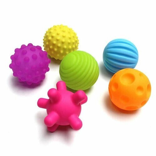 Сенсорные мячики с пищалкой, набор из 6 резиновых тактильных игрушек для купания в ванной, развивающие массажные мячики для развития мелкой моторики от компании М.Видео - фото 1