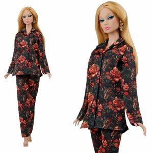 Шелковая пижама "Куколкины сны" цвета "Леопард в розах" для кукол 29 см. типа барби