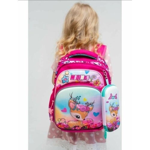 Школьный рюкзак для девочки с пеналом цвета фуксия. Рюкзак с олененком. Школьный портфель для девочки от компании М.Видео - фото 1