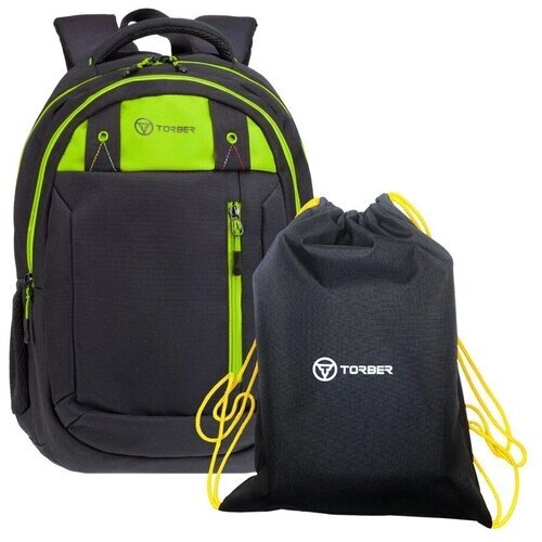 Школьный рюкзак TORBER CLASS X, черный с зеленой вставкой, 45 x 32 x 16 см, 17 л + Мешок для сменной обуви в подарок! T5220-22-BLK-GRN-M от компании М.Видео - фото 1