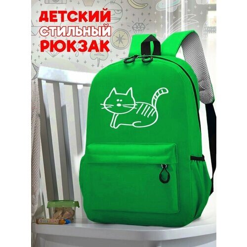 Школьный светло-зеленый рюкзак с синим ТТР принтом котик - 516 от компании М.Видео - фото 1