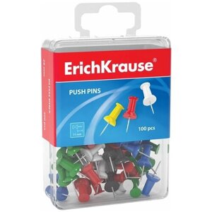 Силовые кнопки-гвоздики ERICH KRAUSE, цветные, 100 шт., в пластиковой коробке, 19749
