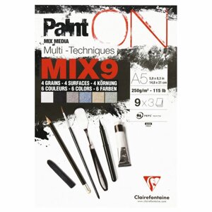 Скетчбук - альбом для смешанных техник 27л, А5 Clairefontaine "Paint ON", на склейке, 250г/м2, 5цветов, 4 типа поверхности