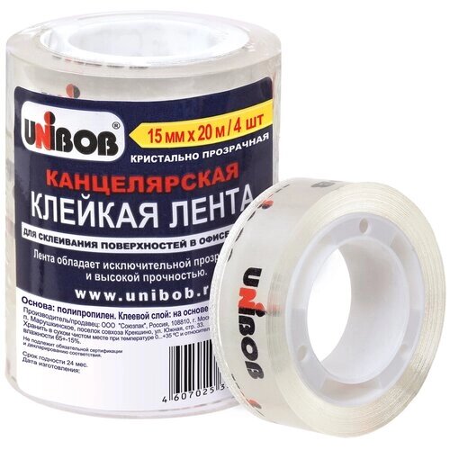 Скотч канцелярский Unibob 15 мм x 20 м, прозрачный, 4 шт от компании М.Видео - фото 1