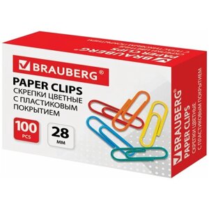 Скрепки BRAUBERG, 28 мм, цветные, 100 шт, в картонной коробке