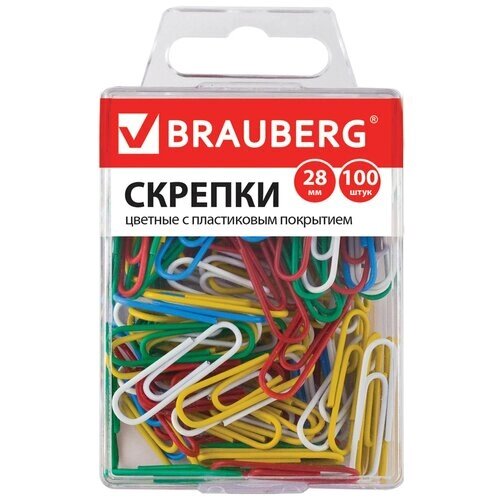 Скрепки BRAUBERG, 28 мм, цветные, 100 шт., в пластиковой коробке, 221111 от компании М.Видео - фото 1