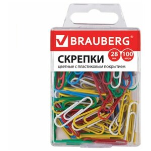 Скрепки BRAUBERG, 28 мм, цветные, 100 шт, в пластиковой коробке, 221111