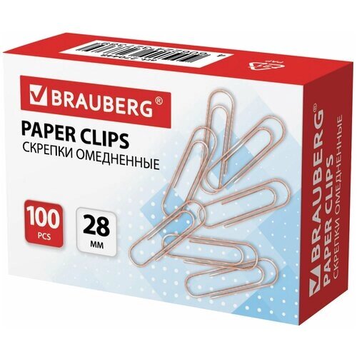 Скрепки BRAUBERG, 28 мм, омедненные, 100 шт, в картонной коробке, 270448, - Комплект 5 шт.(компл.) от компании М.Видео - фото 1