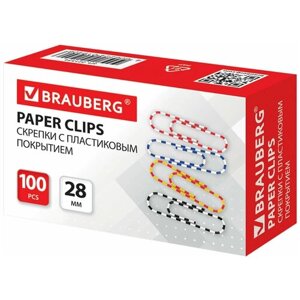 Скрепки BRAUBERG, 28 мм с цветными полосками, 100 шт, в картонной коробке, 221534 - 10 шт.