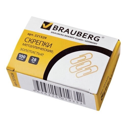 Скрепки BRAUBERG, 28 мм, золотистые, 100 шт., в картонной коробке, 221529 от компании М.Видео - фото 1