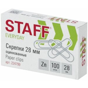 Скрепки STAFF "EVERYDAY", 28 мм, оцинкованные, 100 шт, в картонной коробке, Россия, 224799 В комплекте: 40шт.