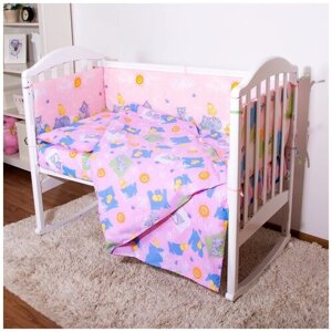 Спальный комплект детского постельного белья из хлопка в кроватку, с бортиками для новорожденных, 6 предметов "Котята и цыплята", розовый