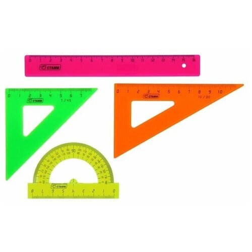 Стамм Набор геометрический Стамм, малый: линейка 16 см, треугольник 7 см 45°, треугольник 10 см 30°, транспортир 8 см 180°. микс от компании М.Видео - фото 1