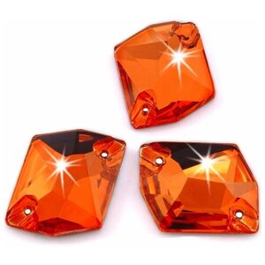 Стразы пришивные стеклянные, форма Ромб 13х17 мм, Гиацинт ( оранжевый ) 12 штук, с плоской задней поверхностью и 2 отверстиями для пришивания