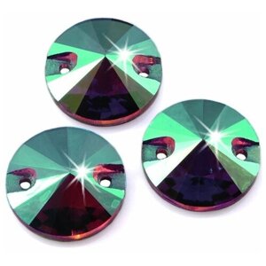 Стразы пришивные стеклянные, круглые (Риволи), Эмеральд АБ с радужным покрытием , 12 мм, 12 штук, марка Dongzhou